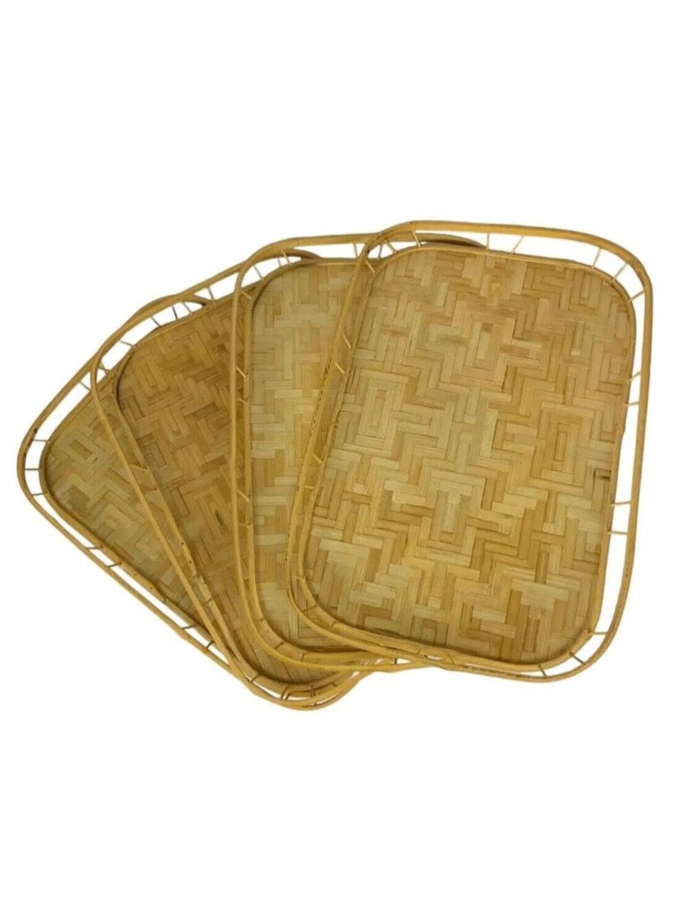 Vintage Woven Rattan Wicker Serving Trays Set of 4 Tiki Bar  Mid Century Boho